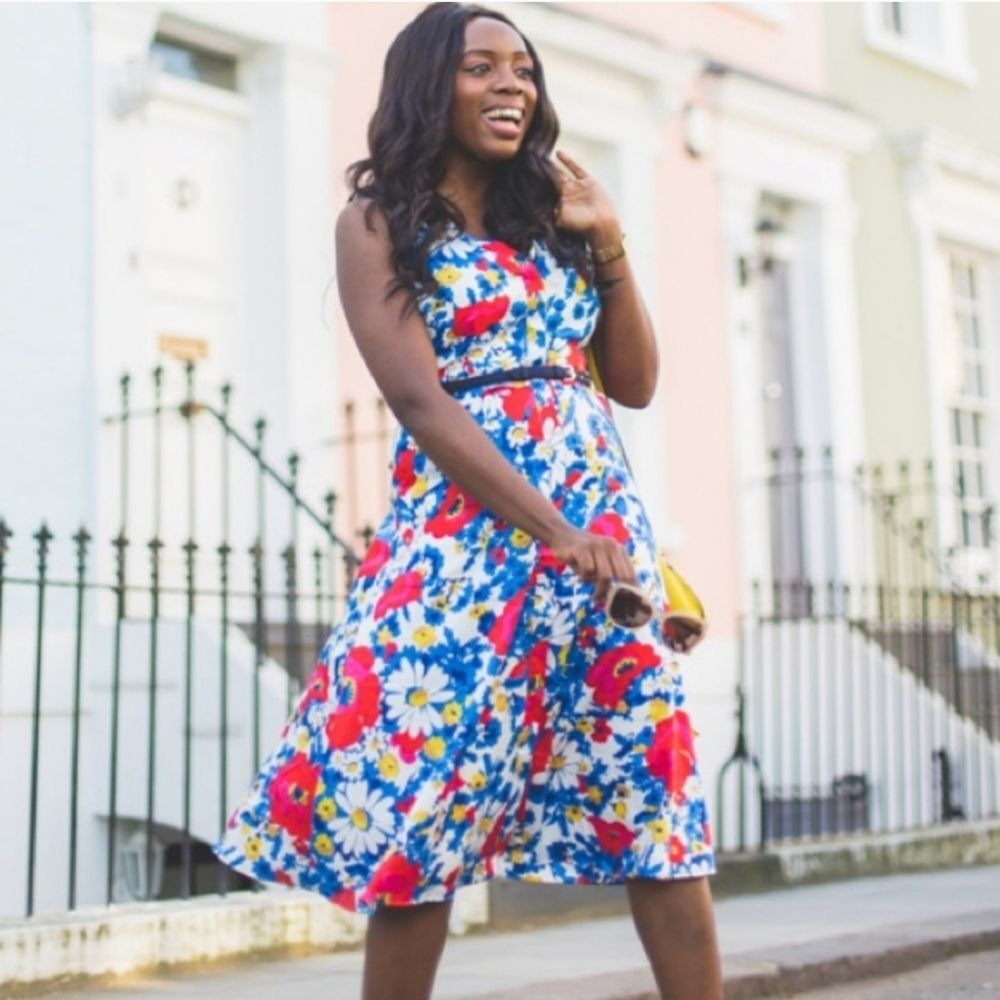 Boden Josephine Blue Red Floral Midi Spring Summer Church Feminine Dress size 8